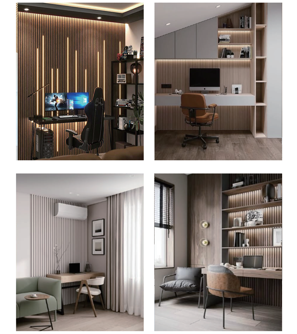 Wood slat acoustic panel home office interior, Akupanel sound absorption wall