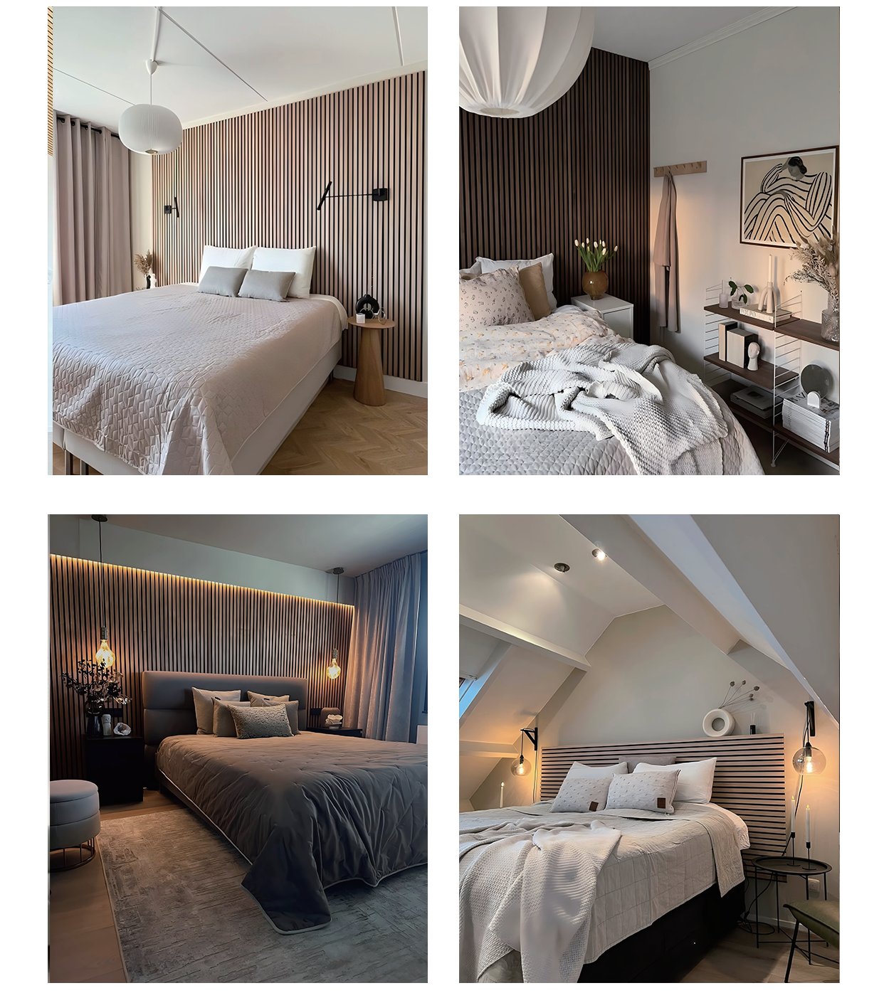 Wood slat acoustic panel bedroom interior, sound absorbing Akupanel wall panel