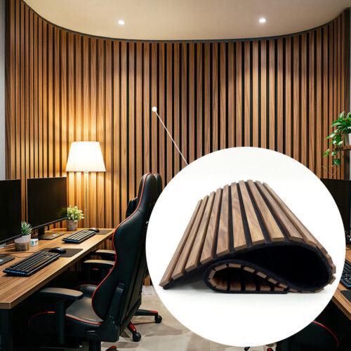 Flexible wood slat acoustic panel installed on curved office wall, sound absorbing interior decoration