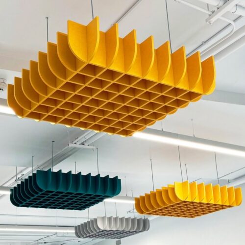 Waffle cloud suspended PET acoustic ceiling panels colorful 3D hanging sound absorber for modern office