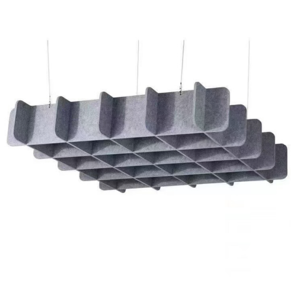 Black 3D waffle suspended acoustic cloud panel PET felt ceiling sound absorber