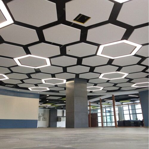 Hexagon PET acoustic ceiling panels with LED lights for modern office ceiling noise reduction Hexagon PET acoustic ceiling panels with LED lights for modern office ceiling noise reduction