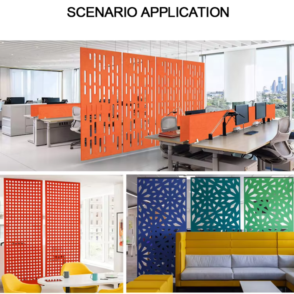 Decorative felt acoustic partition baffles used in modern open office interior