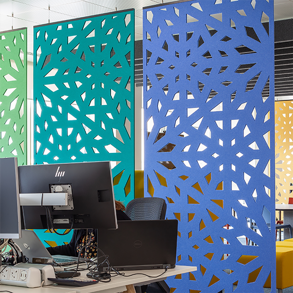Hanging PET acoustic baffles for office workspace