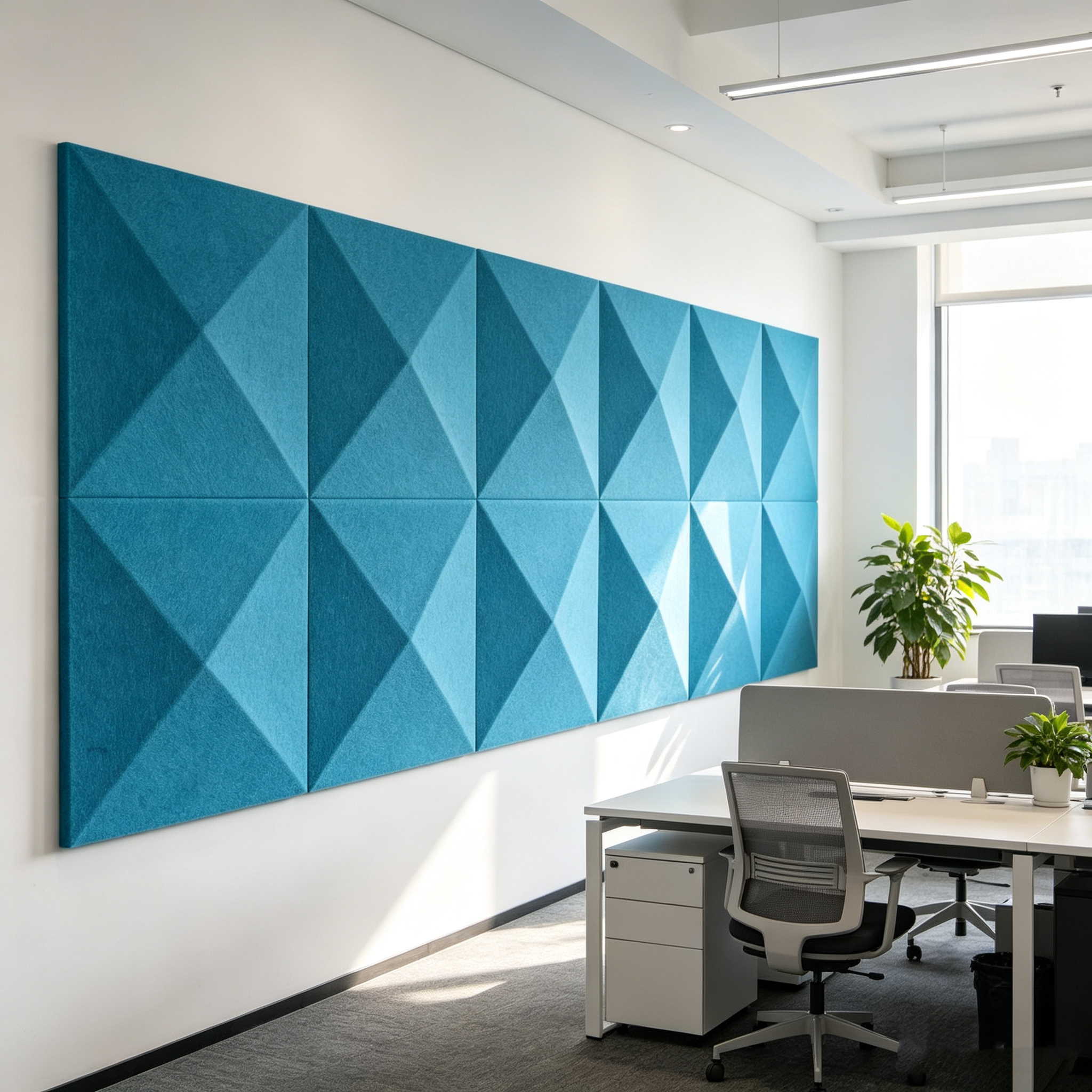 Office wall installation effect of blue diamond 3D acoustic wall panels