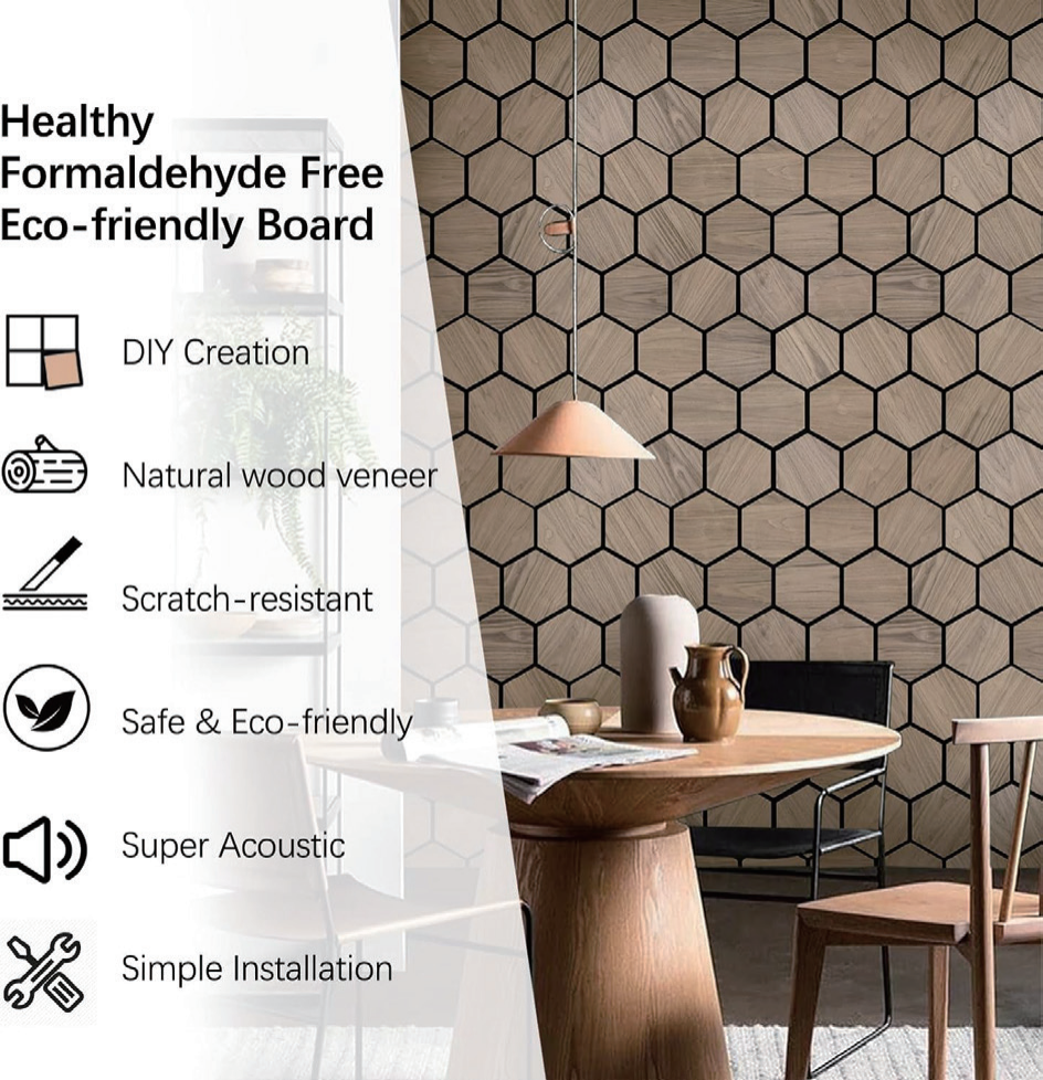 Hexagon eco‑friendly acoustic panel features, dining room wall decoration effect