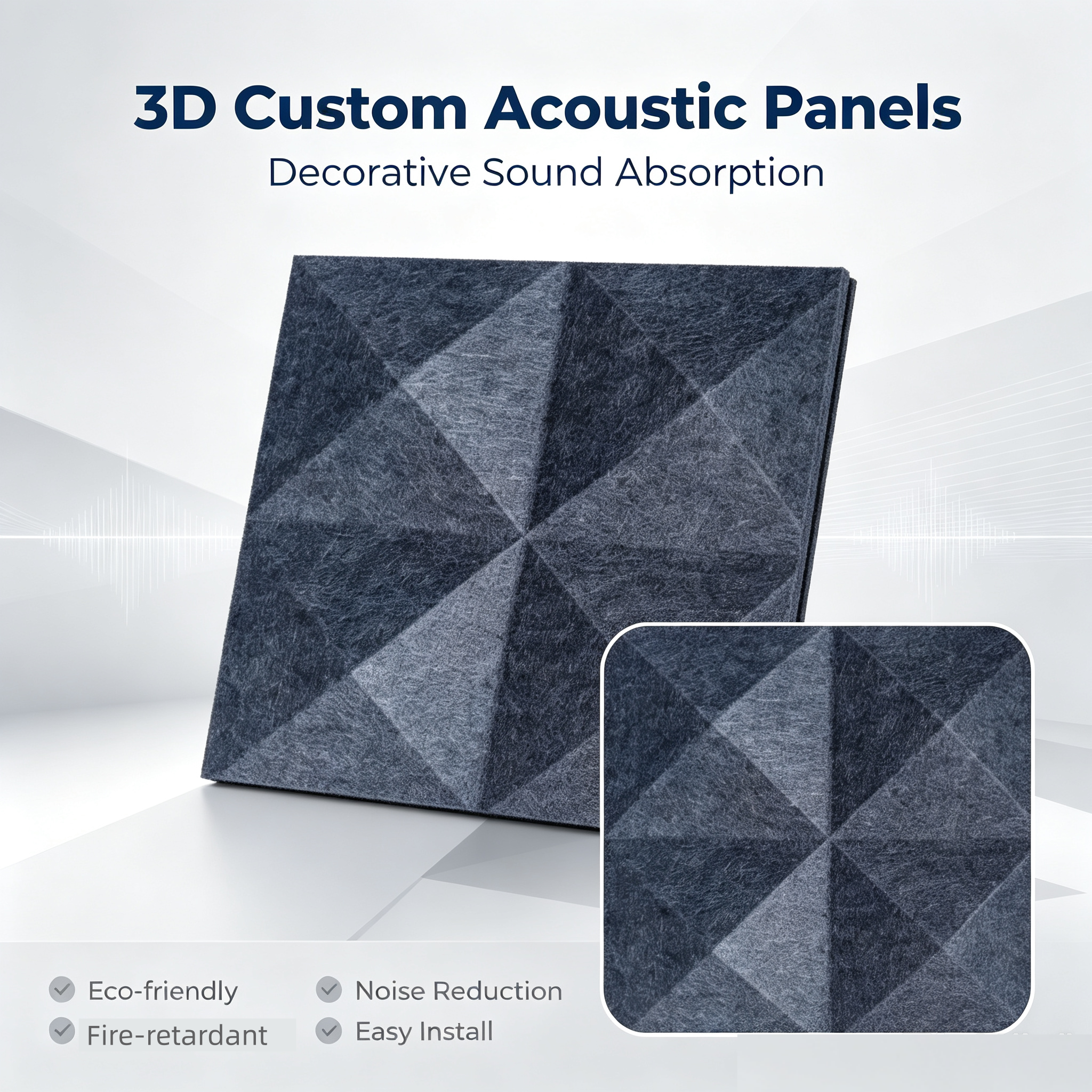 Dark grey custom 3D diamond‑pattern polyester acoustic panels product shot