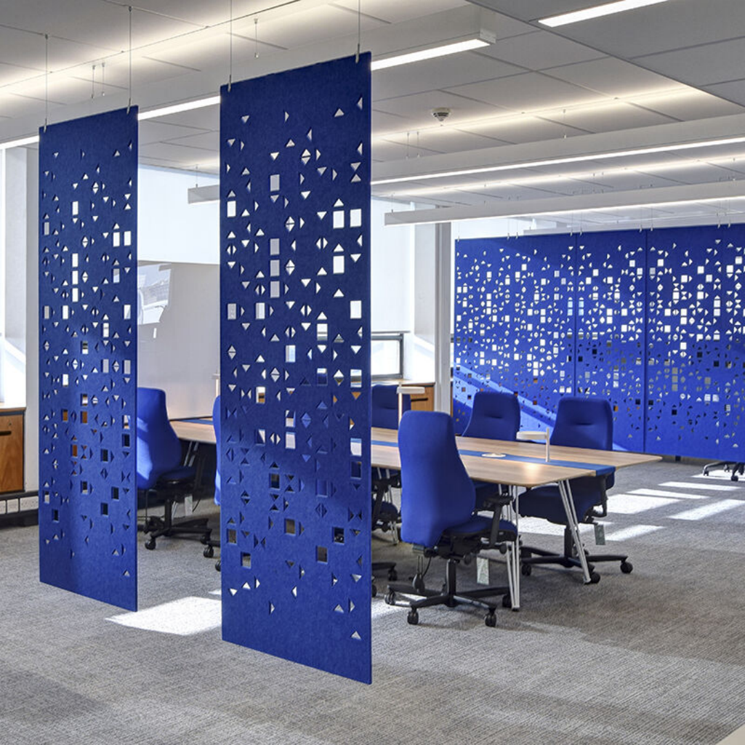 Felt acoustic partition baffles in open‑plan office