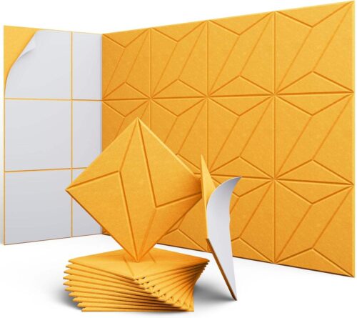 photobank (10) 3D geometric diamond grooved polyester acoustic panel yellow decorative wall sound absorber