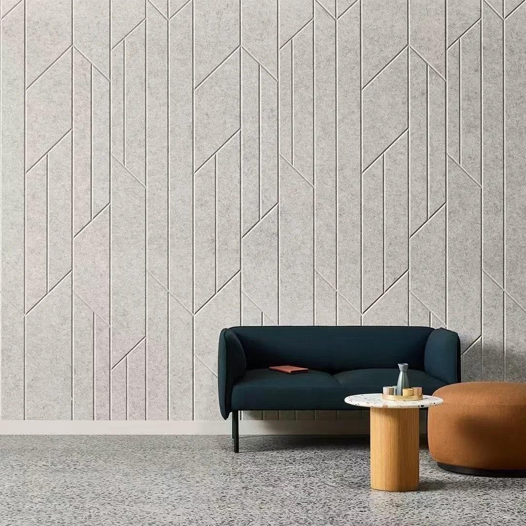Light grey 3D geometric grooved polyester panels living room wall decor