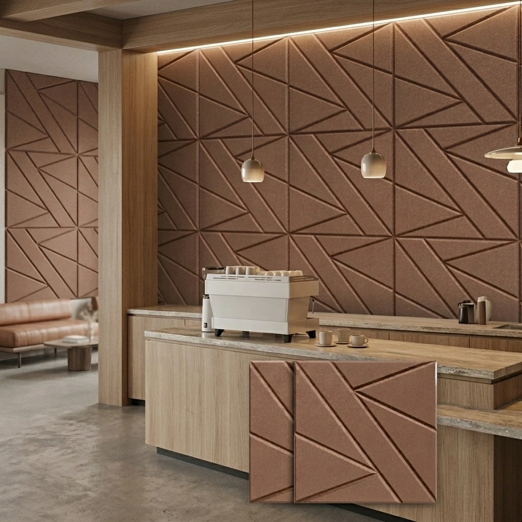 Brown diamond‑grooved acoustic panels for modern office interior wall