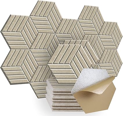 Beige herringbone grooved hexagon PET acoustic panels with adhesive backing Beige herringbone grooved hexagon PET acoustic panels with adhesive backing