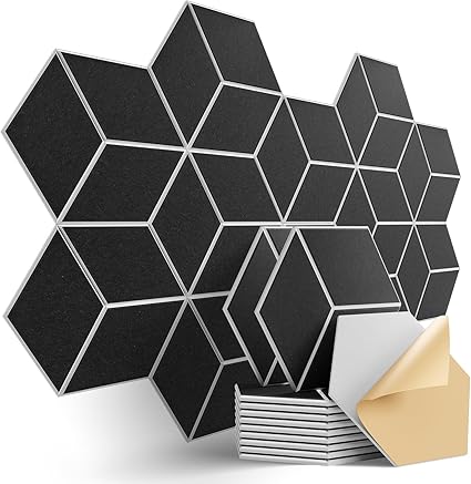 Black herringbone grooved hexagon polyester sound absorbing wall panels