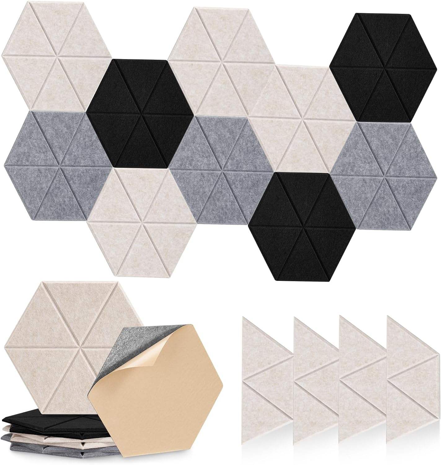 Multi‑color grooved hexagon acoustic panels mixed matching wall tiles