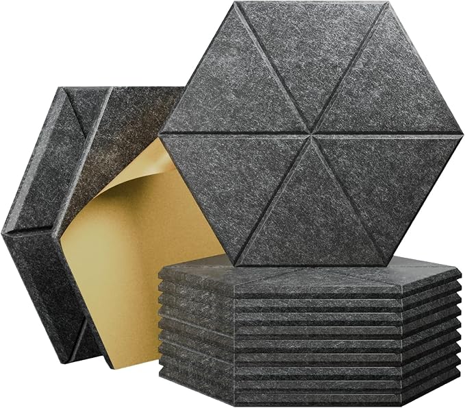 Dark grey grooved hexagon acoustic panels stack adhesive backing close‑up