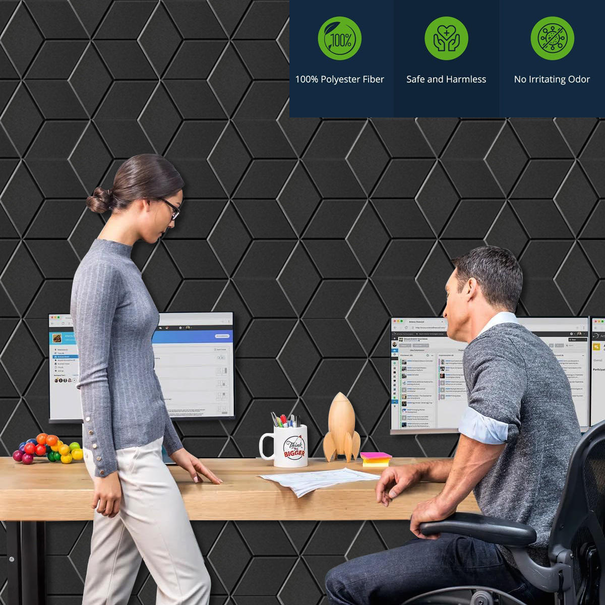 Grooved hexagon acoustic panels applied in modern office interior wall