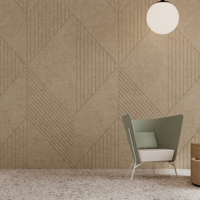 Beige diamond patterned grooved acoustic panels minimalist interior wall