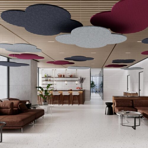 Cloud shaped acoustic ceiling panels suspended PET polyester cloud baffles for lounge commercial interior