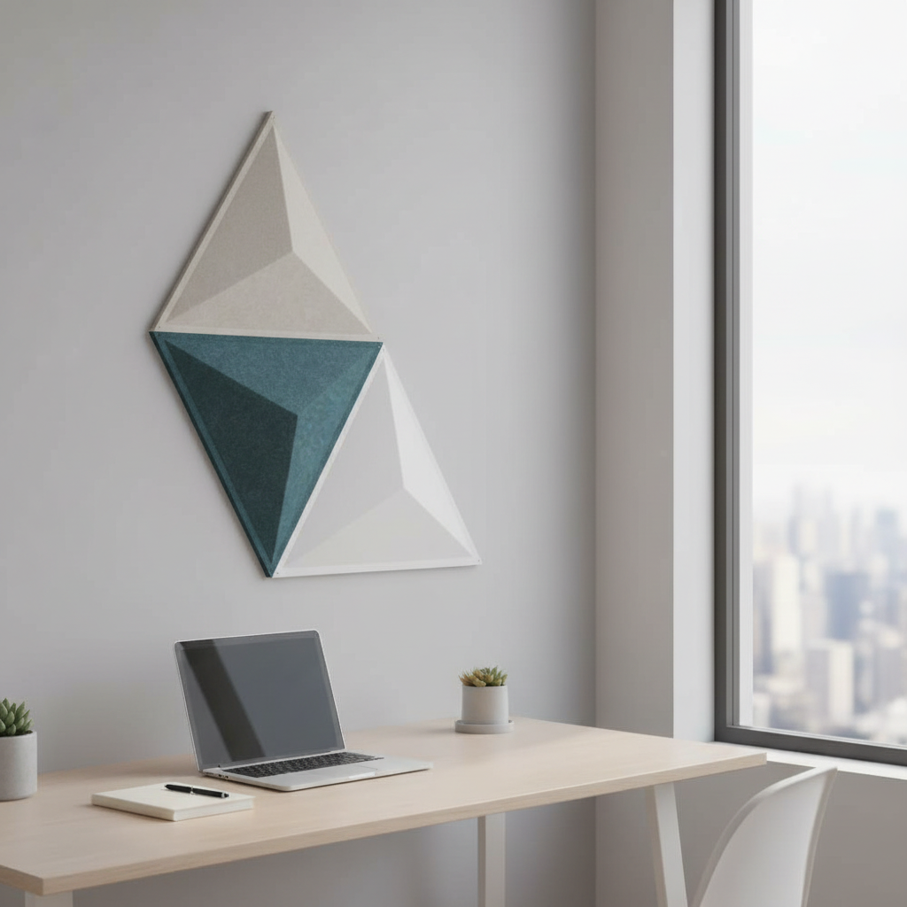 Office interior wall hanging installation of pyramid 3D acoustic panels