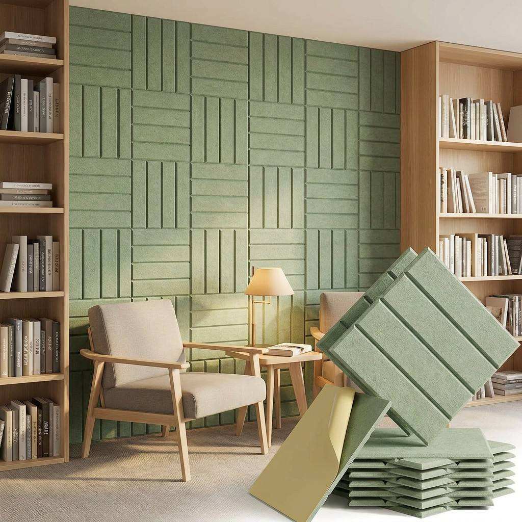Green V‑grooved acoustic panels installed in home study interior