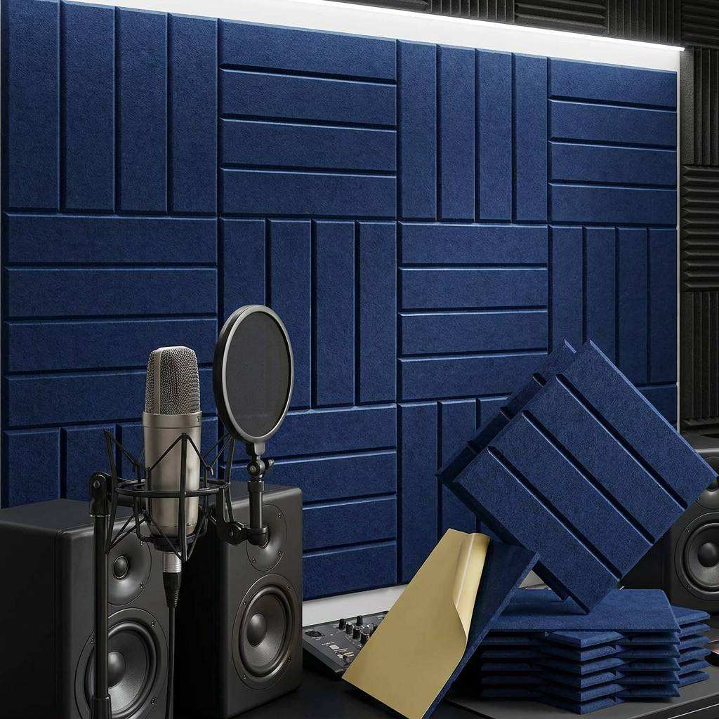 Dark blue grooved polyester acoustic panels for office wall decoration