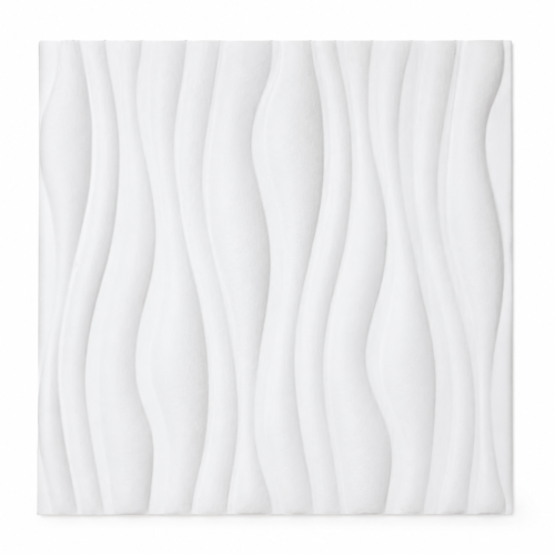 Close‑up of white wave design 3D polyester acoustic panel White 3D acoustic panel with wavy texture, 30×30 cm, customizable thickness, PET fiber, B1 fire rating.