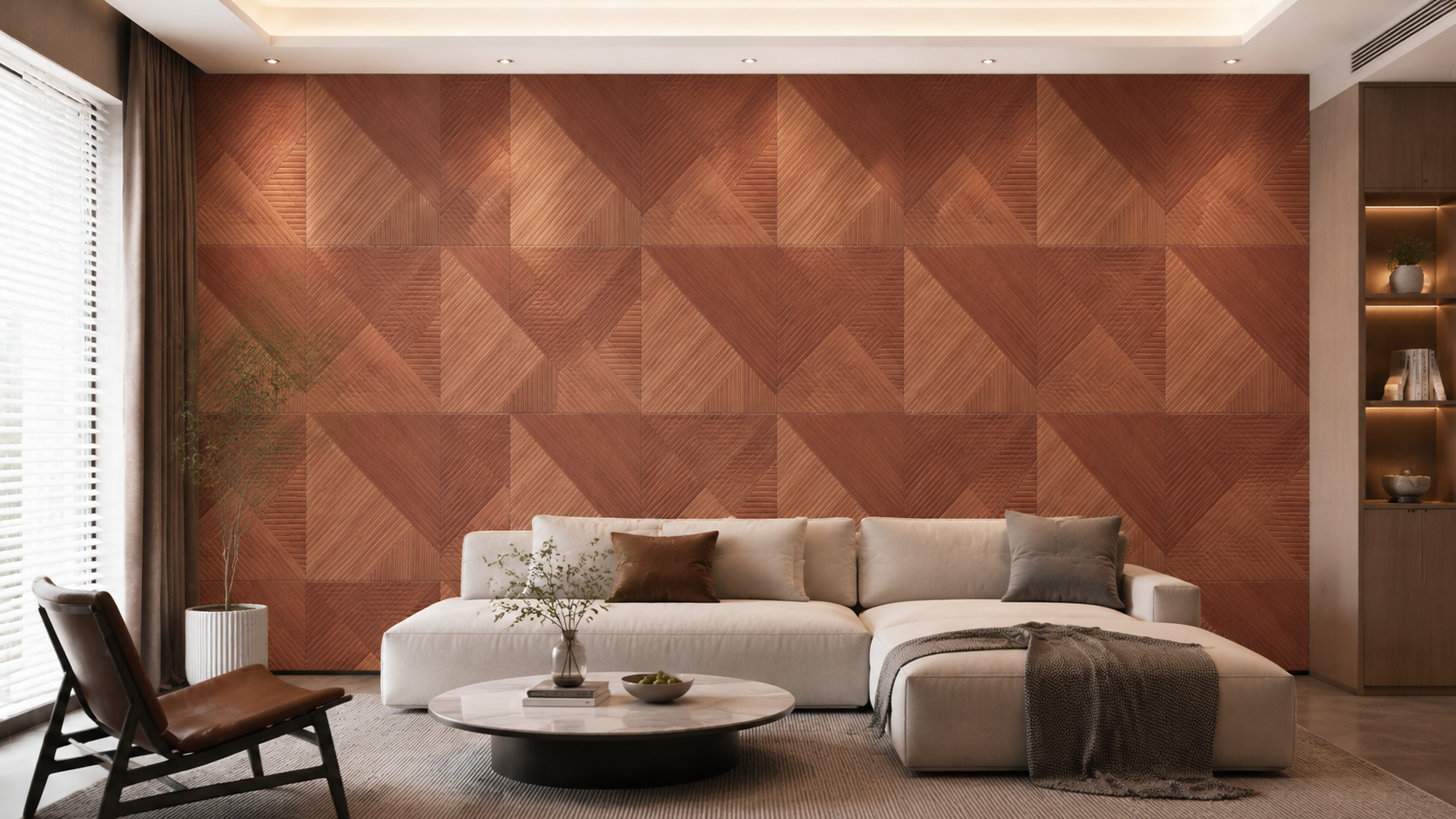 UV printed wood grain PET acoustic panels installed as a decorative acoustic wall in a modern interior space