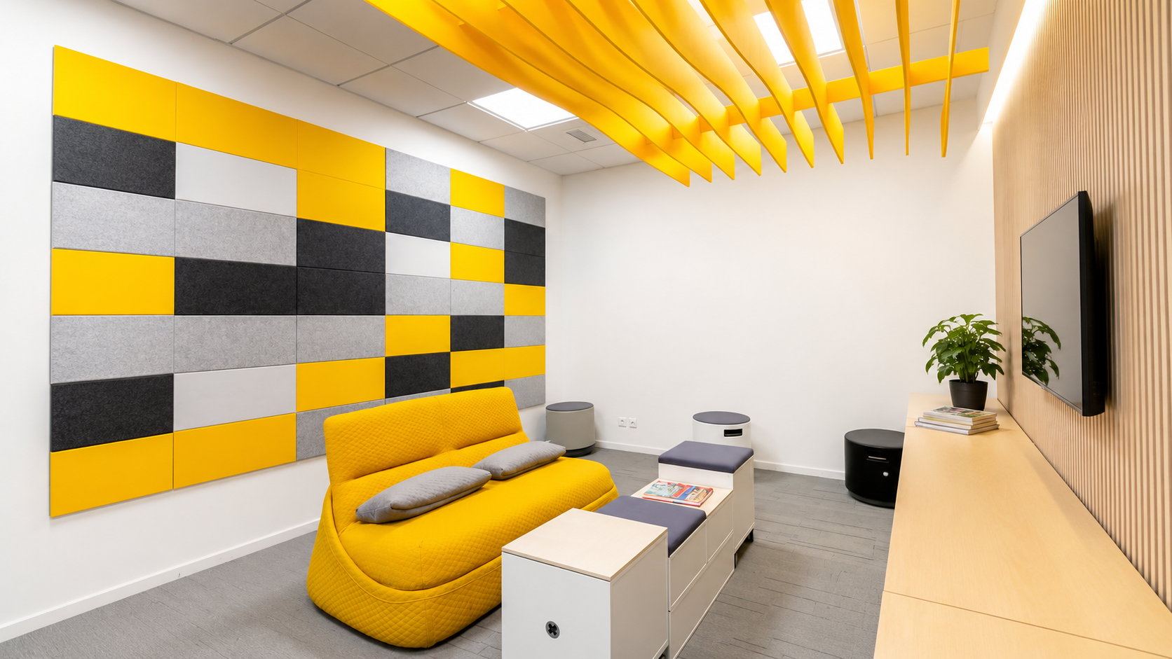 Polyester acoustic panels used in a modern office interior