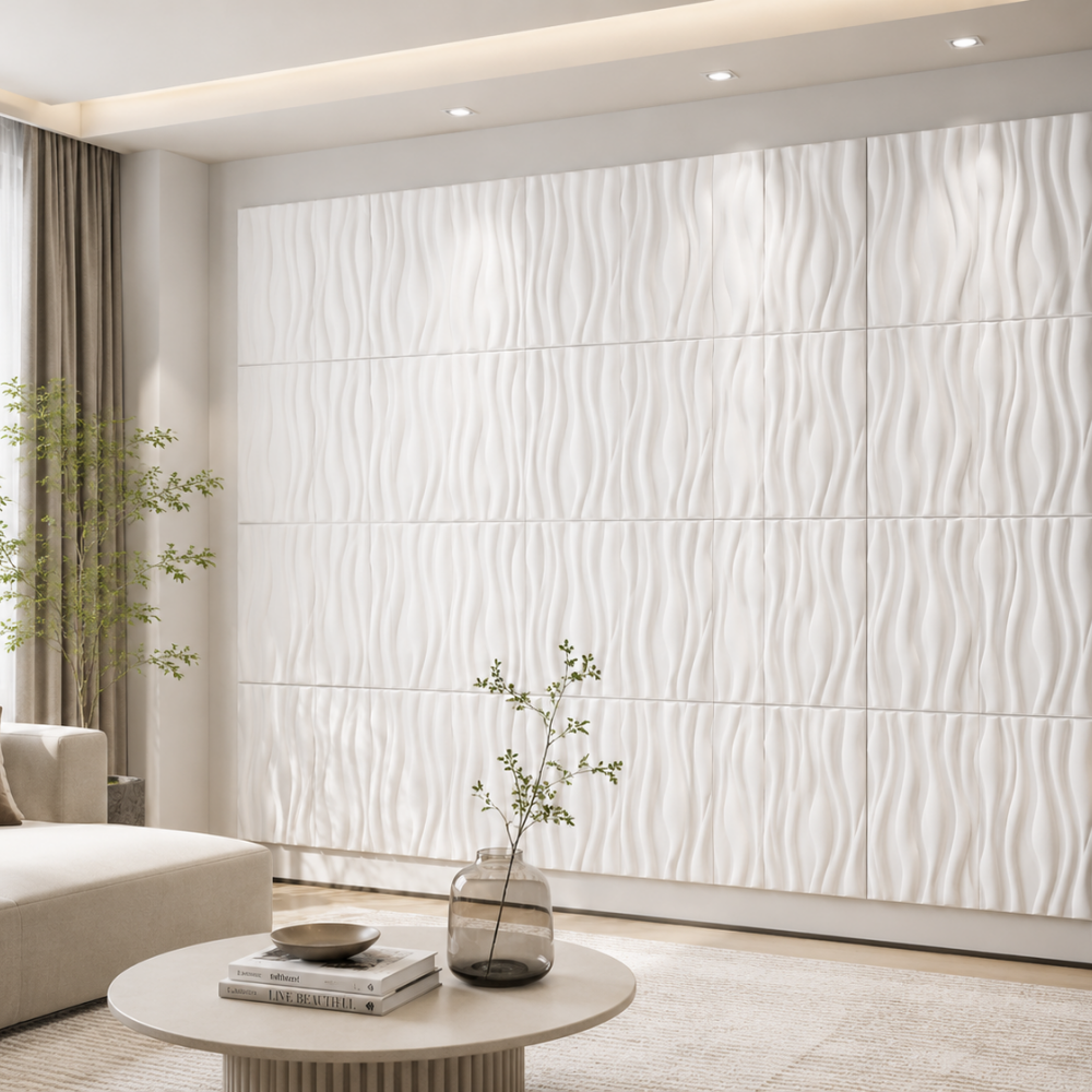 White 3D acoustic panels with wavy thermoformed patterns installed on a modern living room wall.