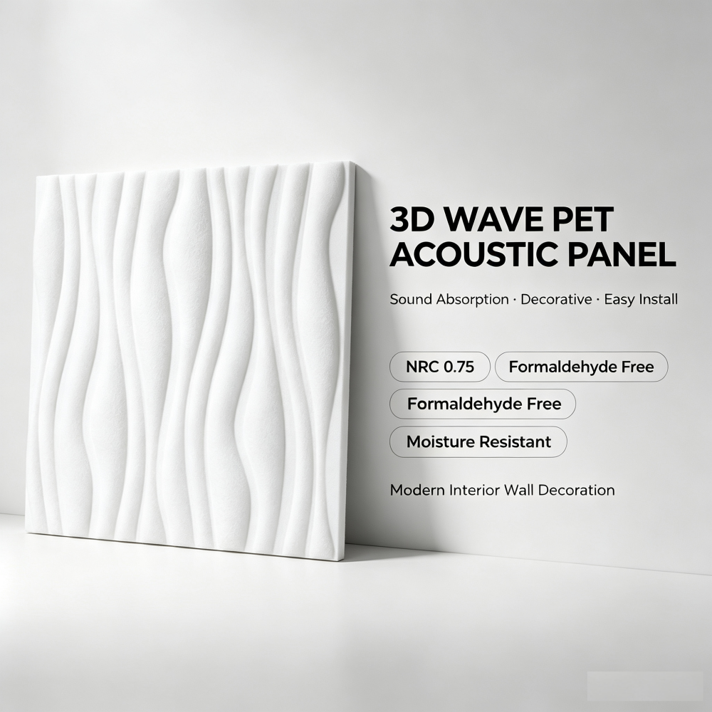 White 3D Wave PET Acoustic Panel with a textured wavy pattern for sound absorption and modern interior wall decoration.