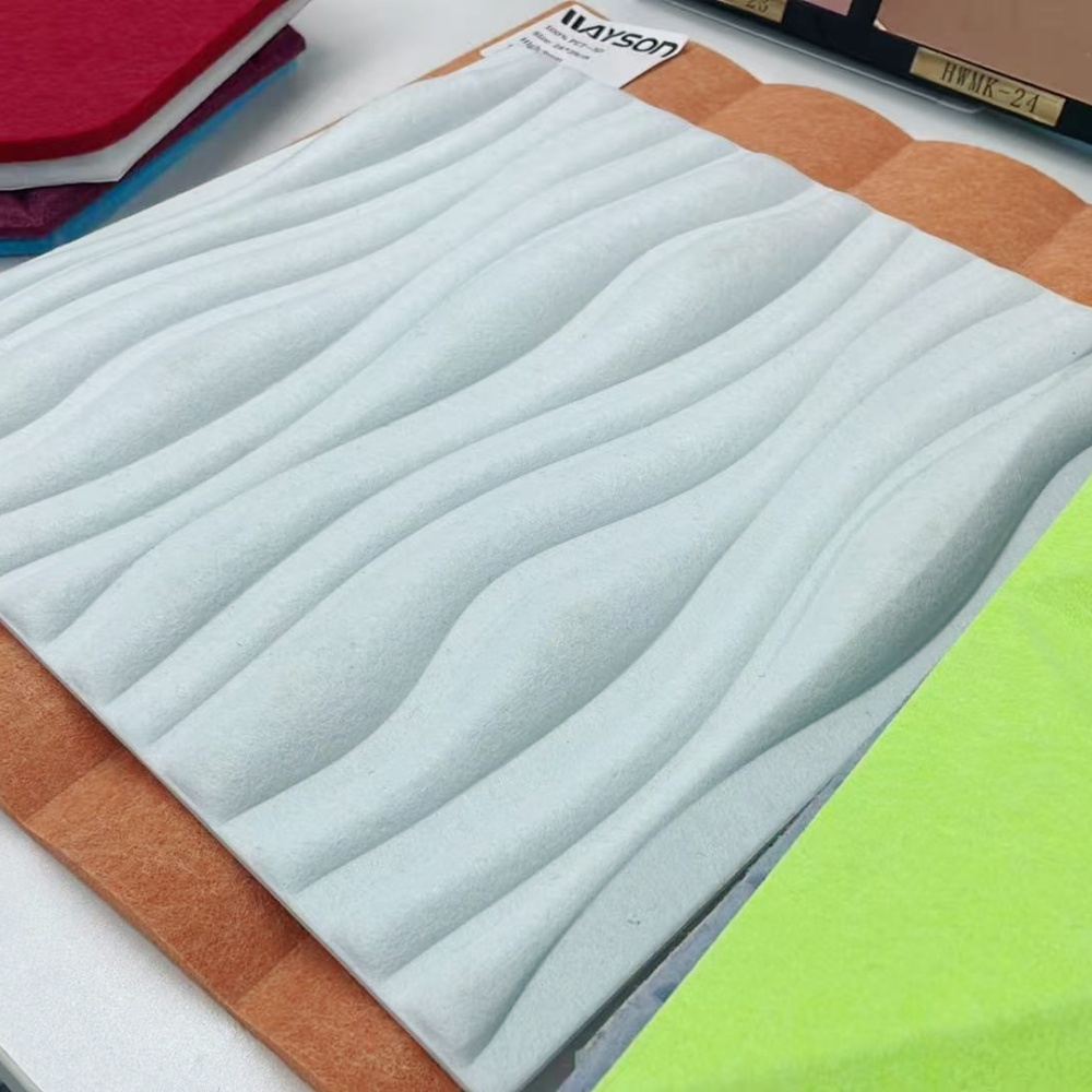Light blue 3D acoustic panel with wavy PET polyester texture, Wayson label, custom thickness, fire‑rated B1.