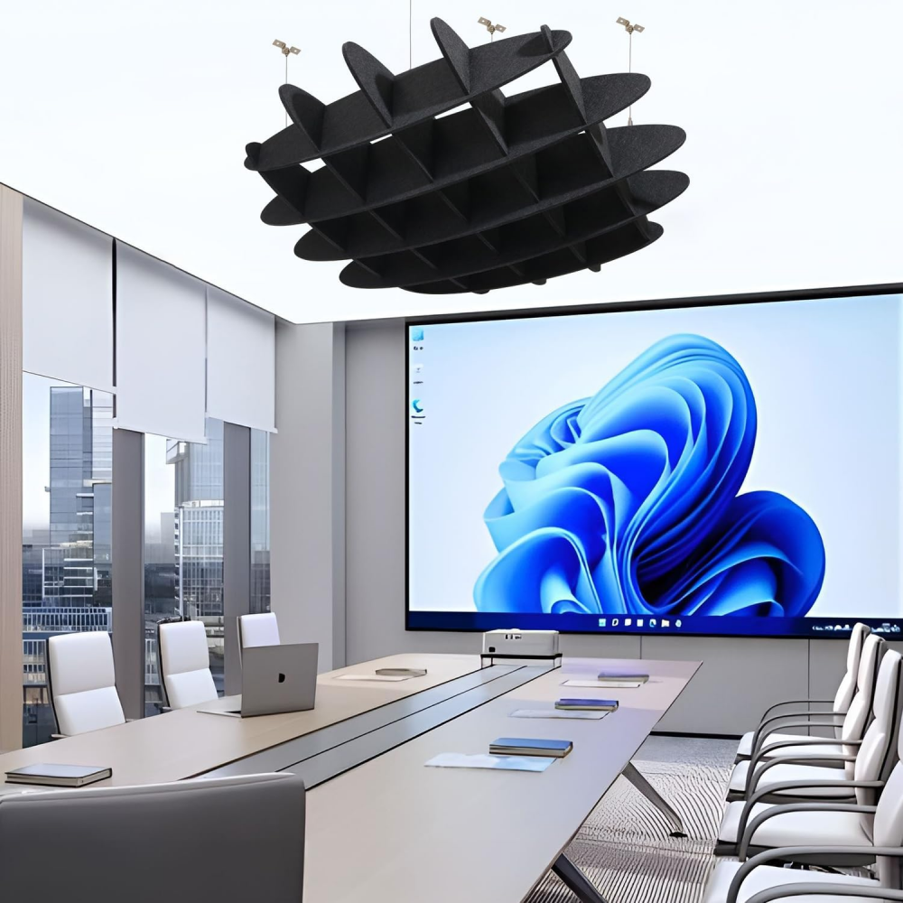 Waffle acoustic cloud ceiling panels installed in conference room with projector screen noise control