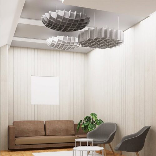 Acoustic Waffle Cloud suspended ceiling panels PET 3D hanging sound absorber for lounge meeting area Acoustic Waffle Cloud suspended ceiling panels PET 3D hanging sound absorber for lounge meeting area