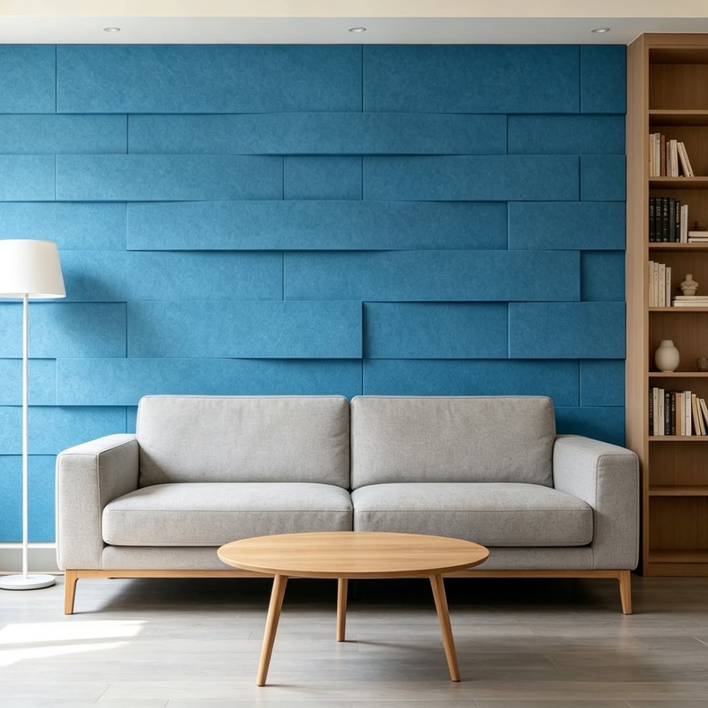 Blue 3D acoustic panels with a geometric textured pattern installed on a wall behind a modern grey sofa and wooden table.