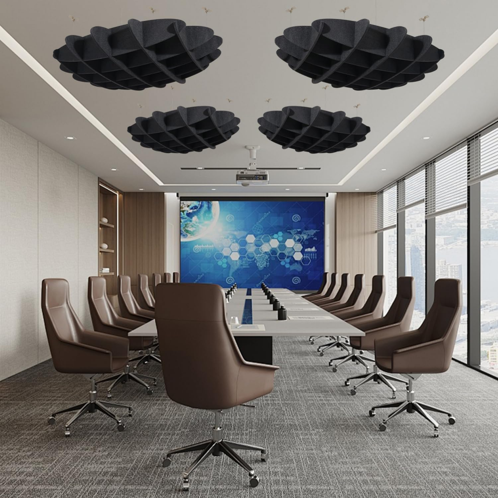Multiple acoustic waffle clouds suspended in large meeting room commercial space reverberation reduction