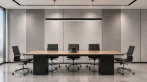 Modern meeting room interior with PVC faced polyester acoustic wall panels
