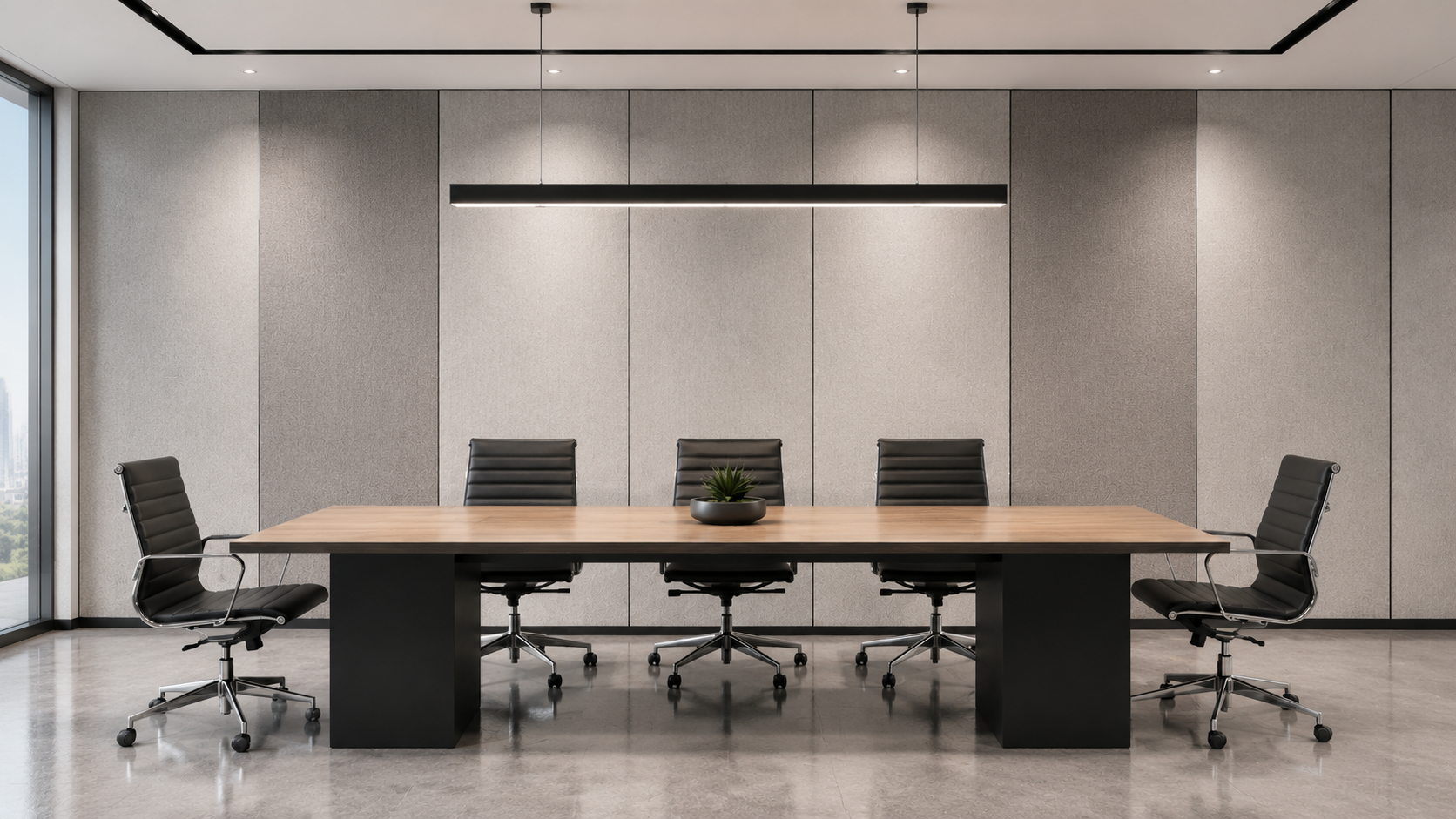 Modern meeting room interior with PVC faced polyester acoustic wall panels