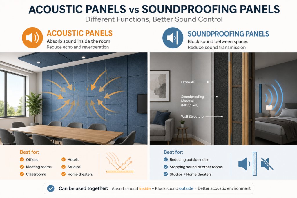 Acoustic panels vs. soundproofing panels for sound absorption and noise control.