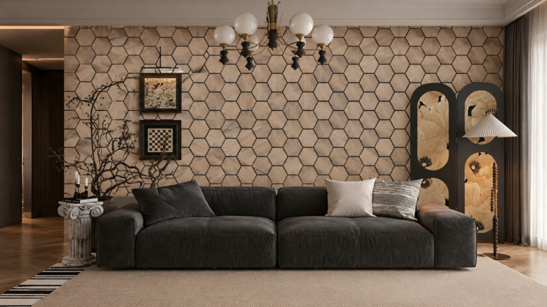 Aku hexagonal wood look acoustic panels for living room interior wall decor