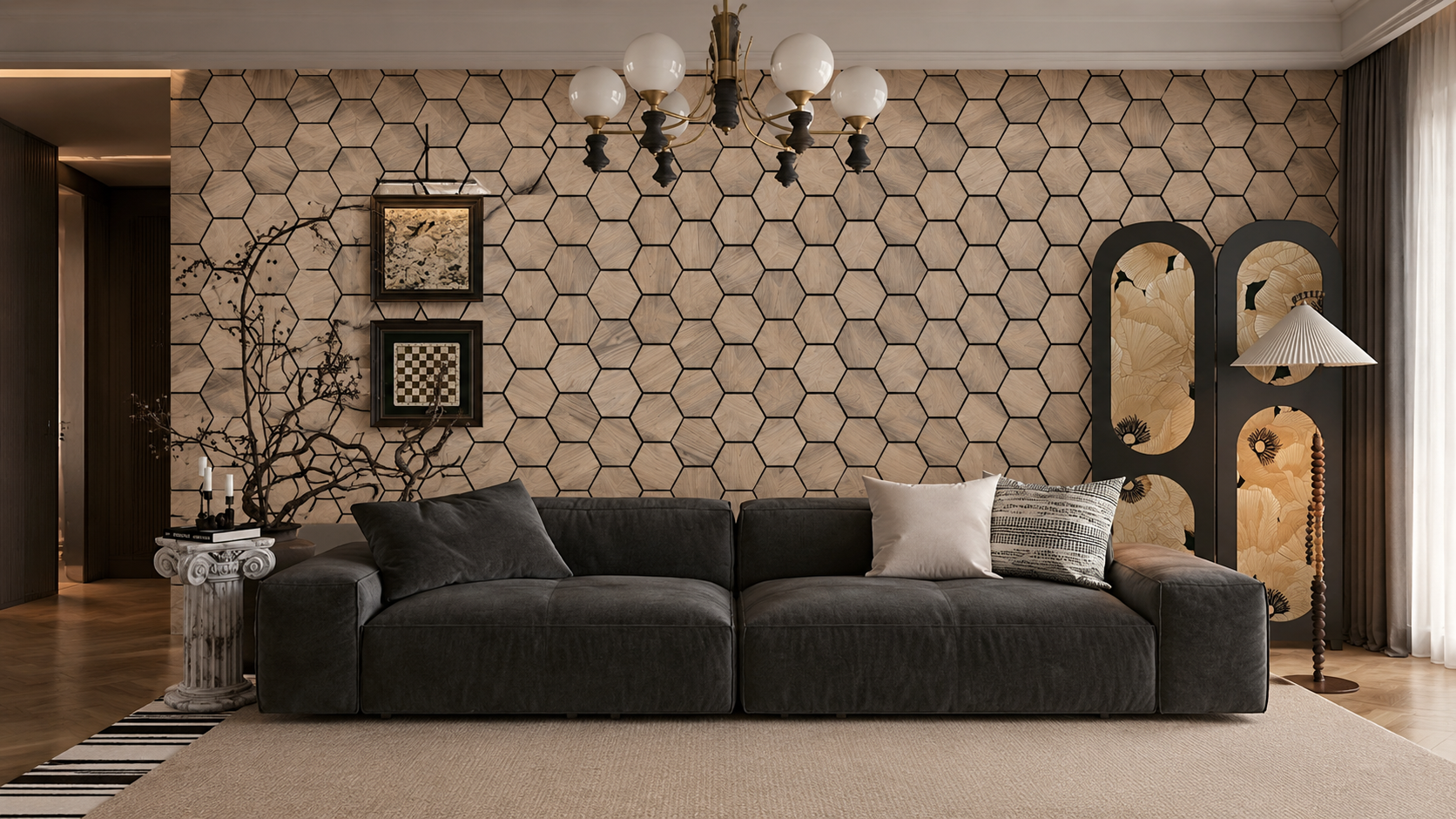 Aku hexagonal wood look acoustic panels for living room interior wall decor