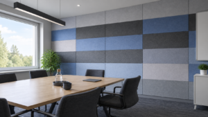 Self-adhesive PET acoustic panels installed on an interior wall