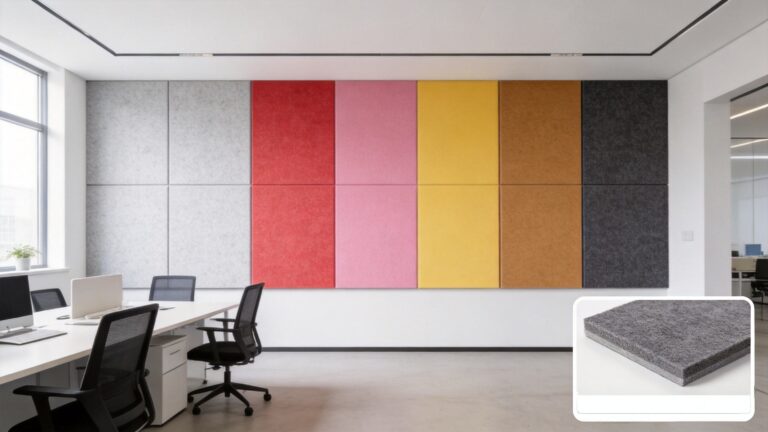 Modern office interior with multi-color polyester fiber sound absorbing acoustic wall panels