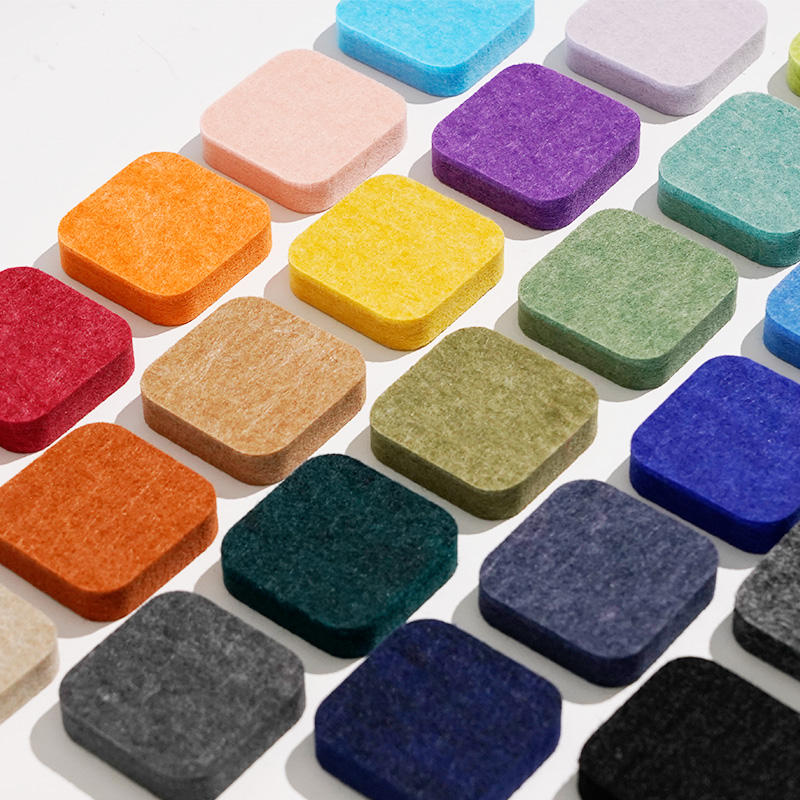 Multi-color polyester fiber acoustic panel samples with varied thickness for acoustic design reference