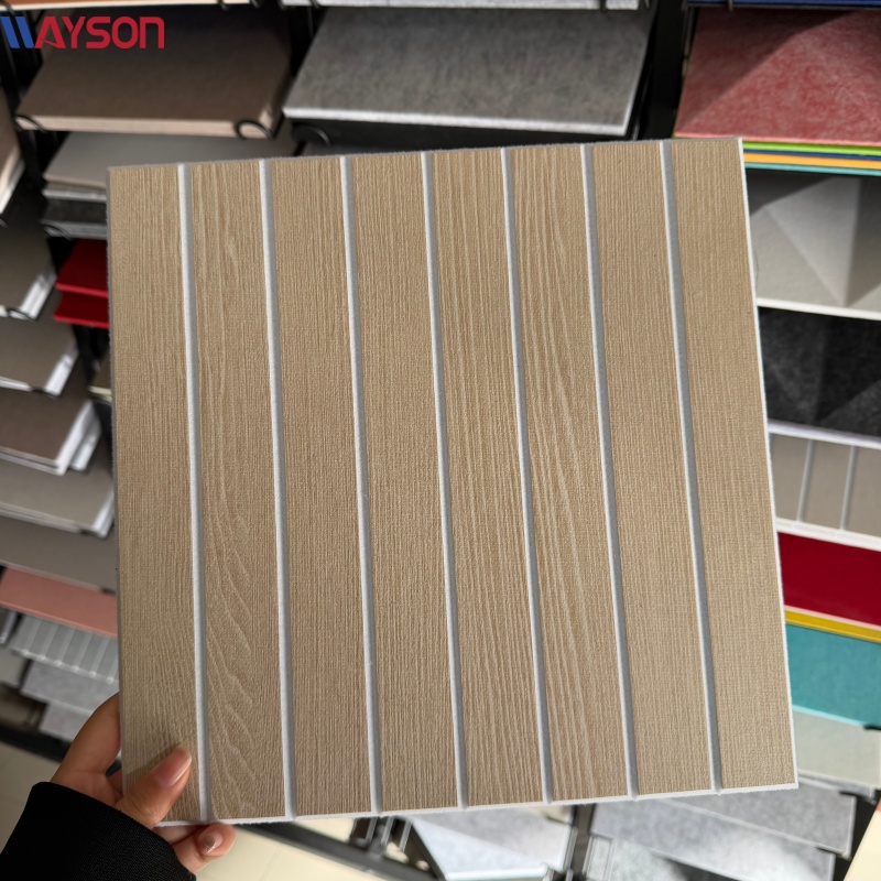 Grooved PVC faced PET acoustic panel, wood texture slotted acoustic wall board